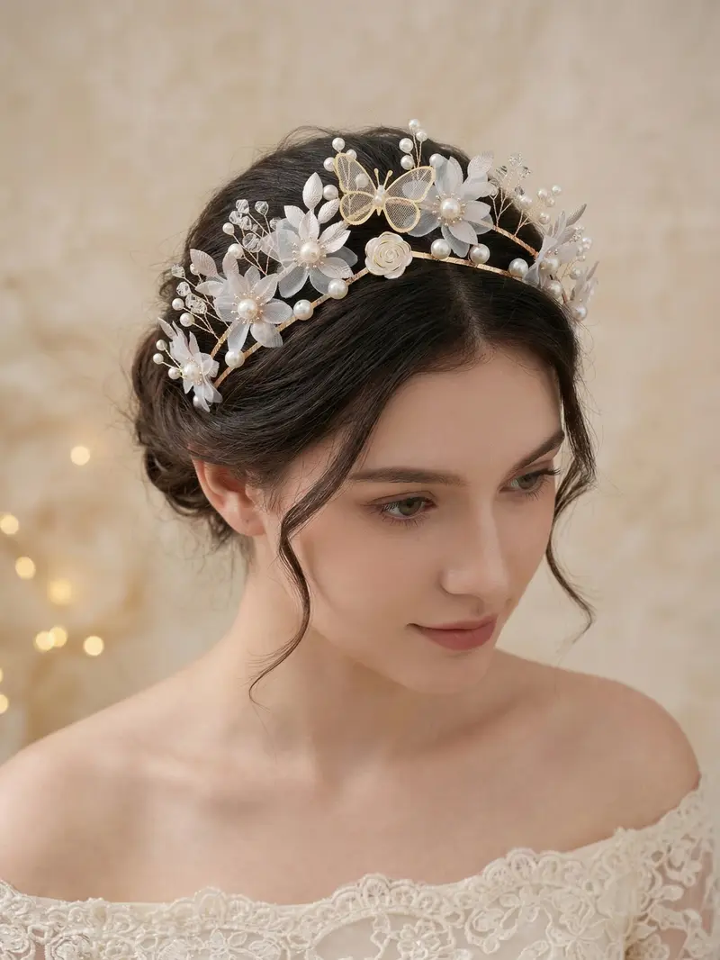 Elegant Butterfly Floral Bridal Crown, Romantic Pearl Rhinestone Wedding Headpiece, Korean Handmade Wedding Dress Accessory