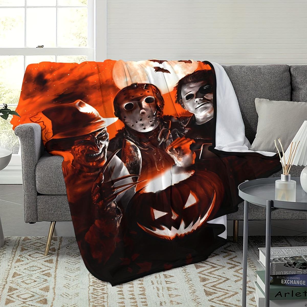 Anti-Pilling Retro Vintage Fleece Fabric Throw Blanket - Fluffy Texture, Multi-Size Gothic Cover with Freddy-Jason-Michael Myers Horror Icons, Orange Moon Bat Pumpkin Print, Home Décor for Horror Fans (Indoor/Outdoor Sofa Bed Use)