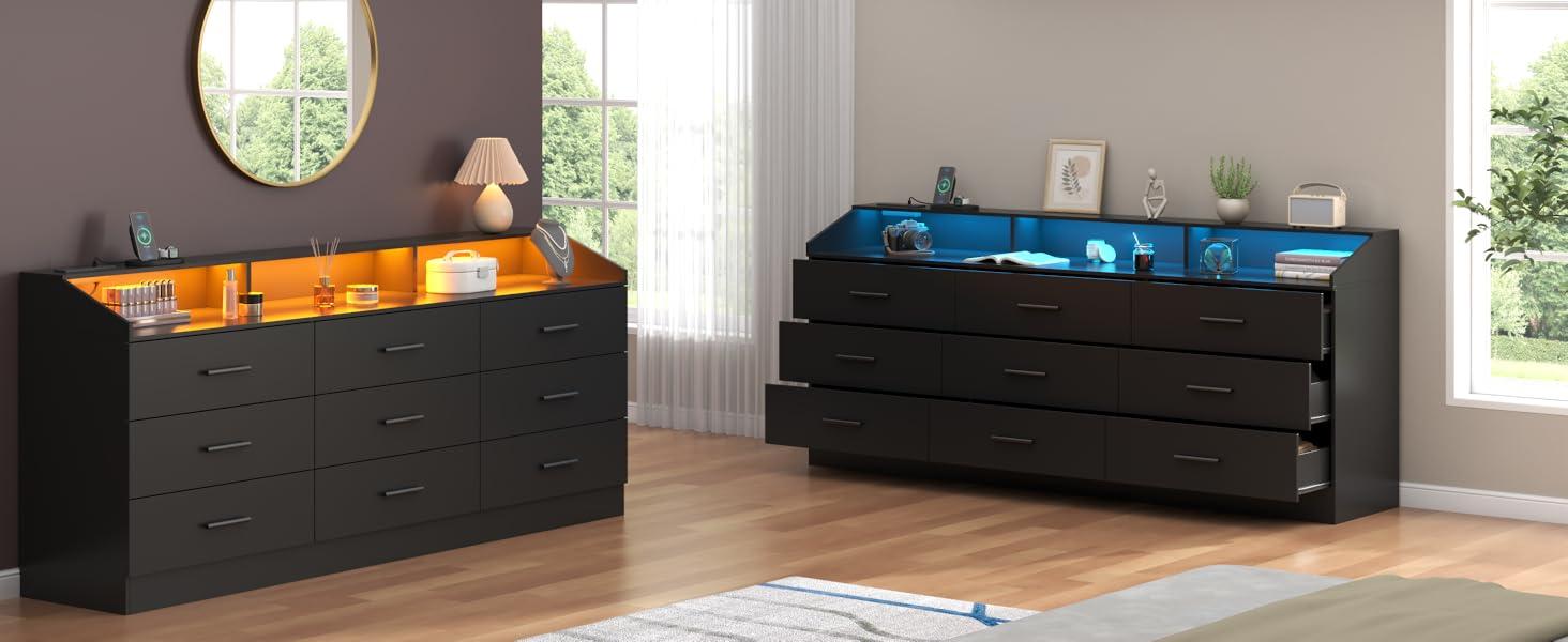 9 Drawers Dresser for Bedroom with Power Outlet and LED Light, Modern Dresser with Open Storage Cubby, Double Wide Dresser Organizer for Living Room cicada  drawer bedroom dresser nursery  dresser living room drawer  Cabinet