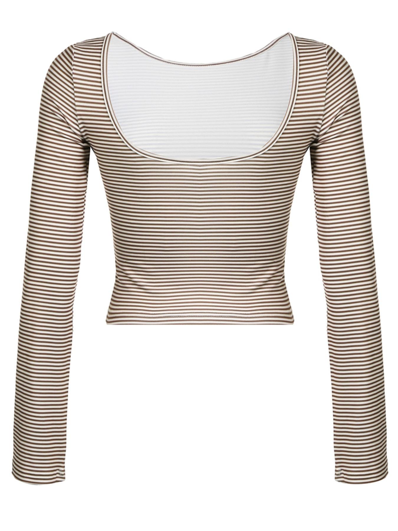 Women's Striped Print Backless Boat Neck Tee, Casual Slim-fitting Long Sleeve T-shirt for Daily Wear, Ladies Clothes for All Seasons Cropped Tees