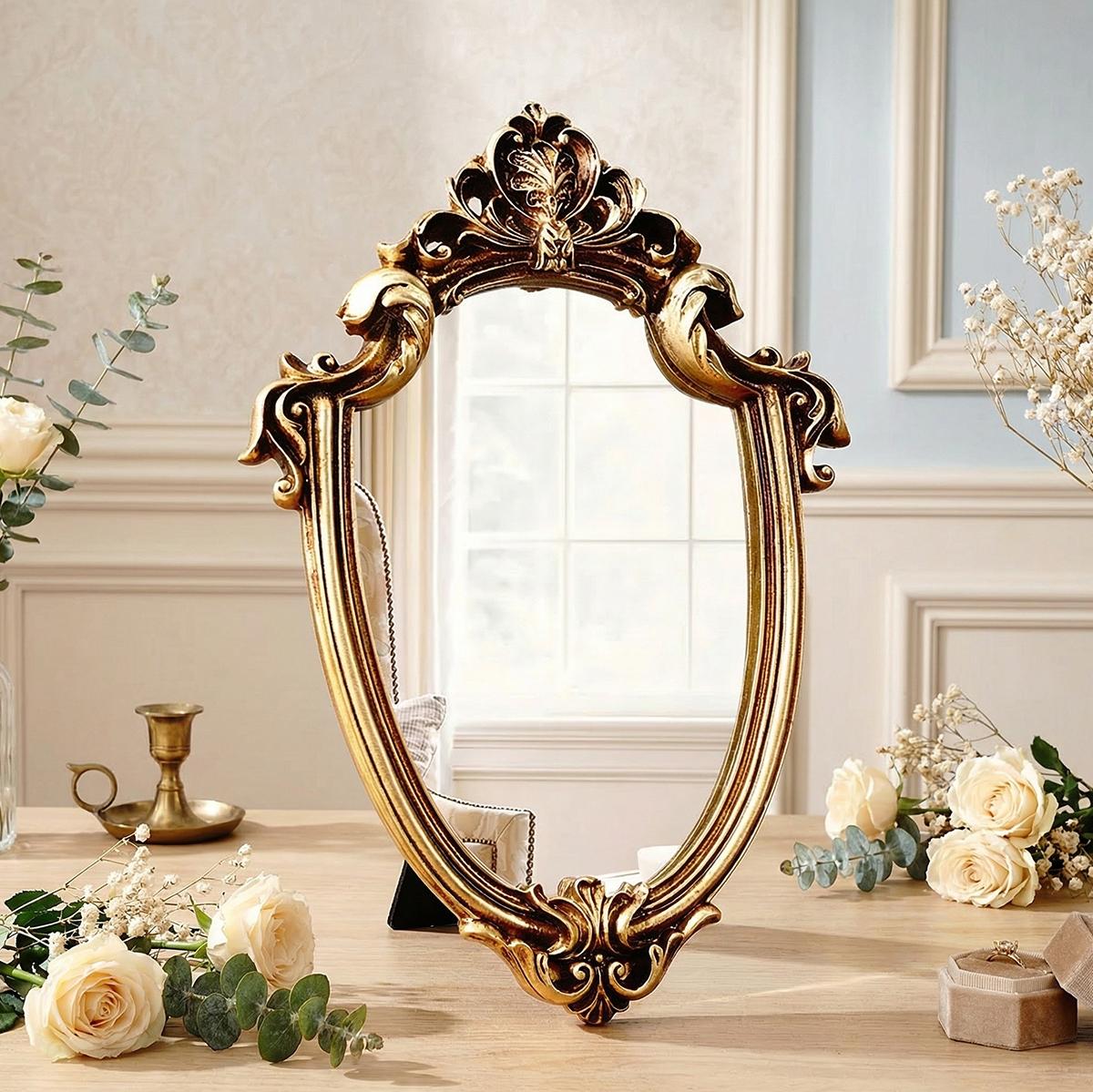 European Classical Gold Pattern Mirror Decorative Ornament, Wall-Mounted or Tabletop, Home Wall Decoration, Vanity Mirror