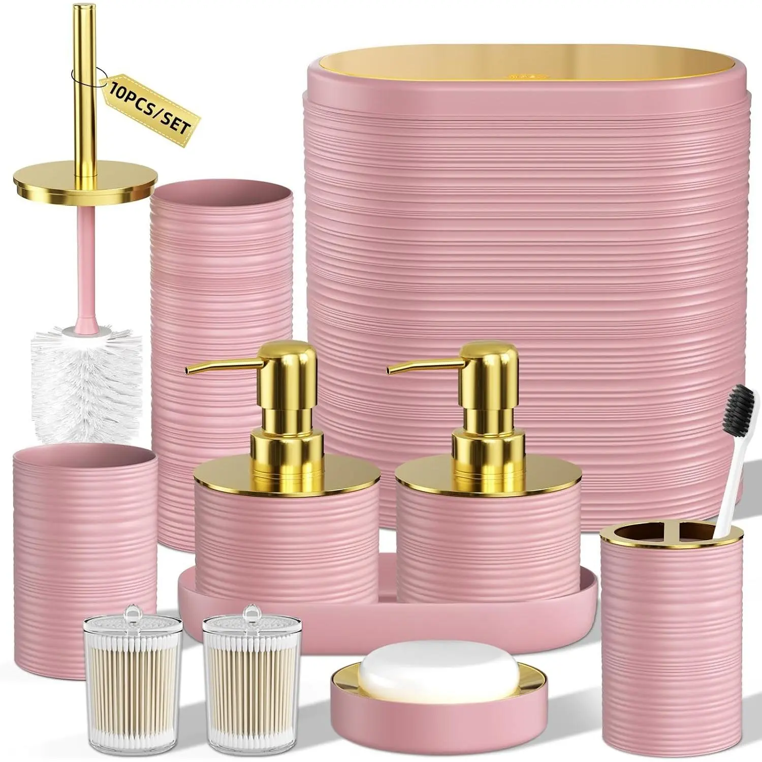 Bathroom Set, 10PC Bathroom Accessory Set, Pink Bathroom Accessories, Pink and Gold Bathroom Set with Trash Can, Soap Dispensers