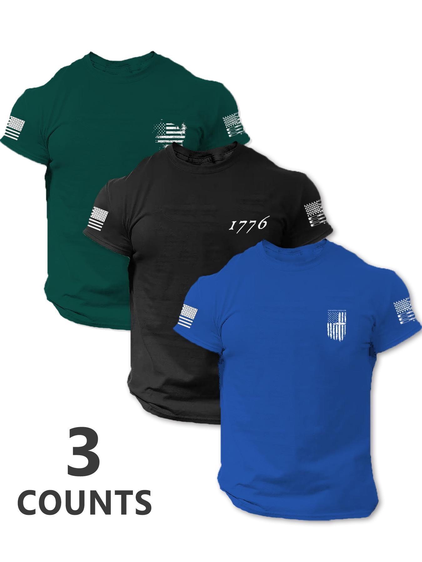 Men's American Flag Print Athletic Letter Print Short Sleeve Tee, Regular Fit Casual Comfy Round Neck T-shirt for Summer, Men's Top for Daily Wear