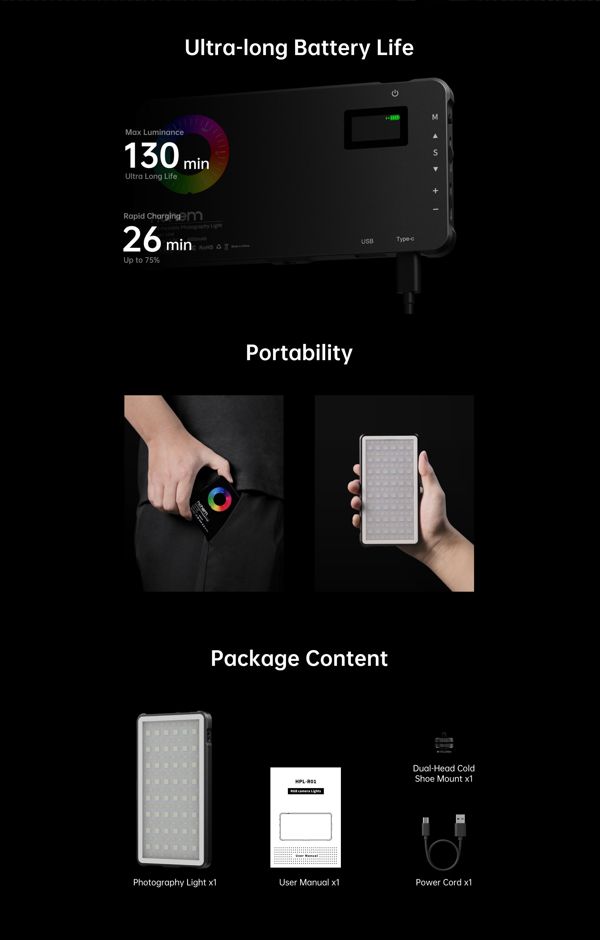 Hohem HPL-R01 RGB LED Photography Lighting, 4000mAh Powerbank, 2500K-9000K, 24 Effects Modes, Rechargeable DSLR Lighting for Vlogging, Gaming, Streaming, Photography, Video Conference, Long Battery Life, Fits Phone and Camera