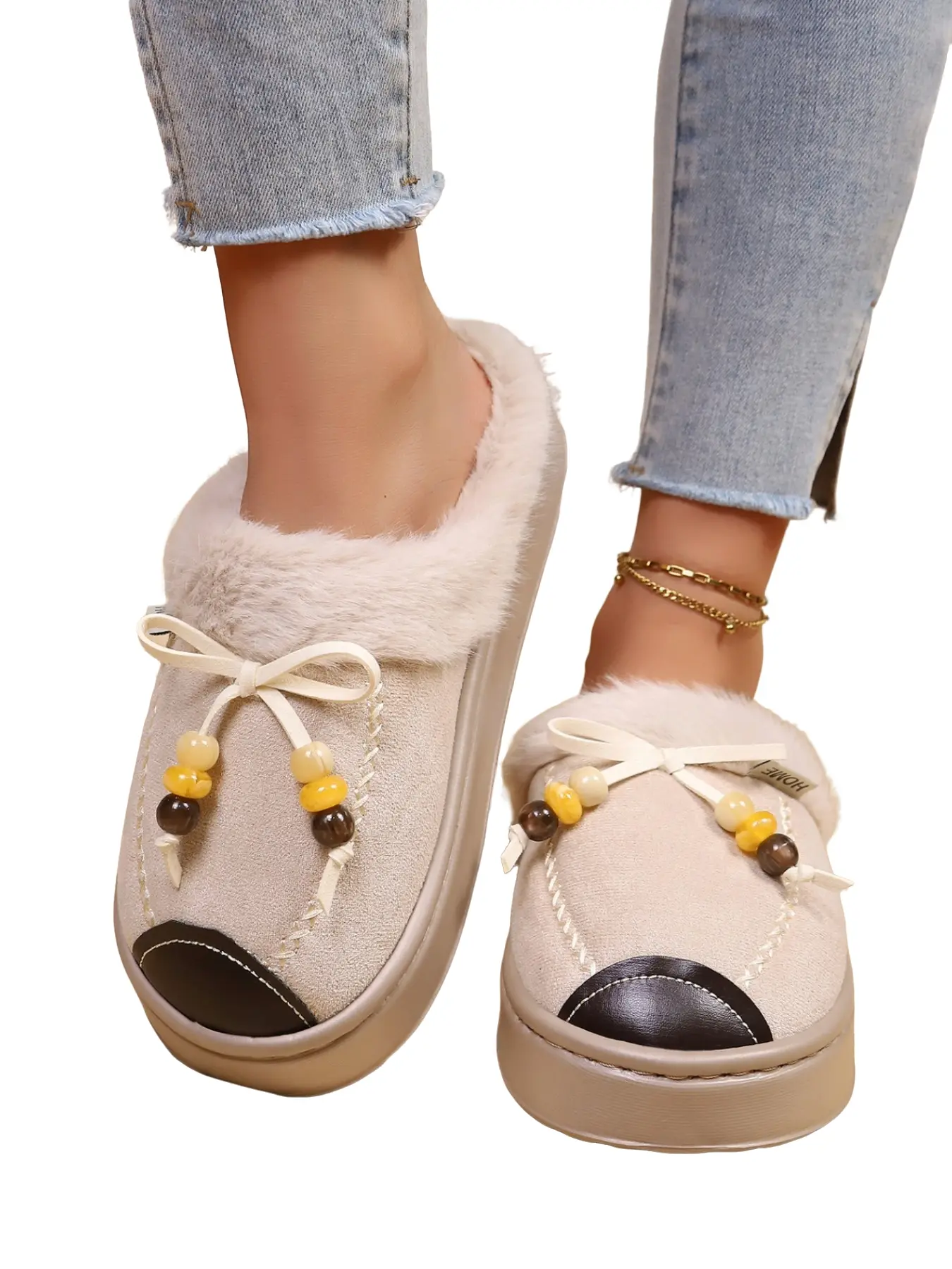 Handmade Beaded Toecap Chunky Sole Cotton Slippers, Non-Slip Thick Bottom, Daily Wear Women's Shoes, Comfortable and Stylish Footwear