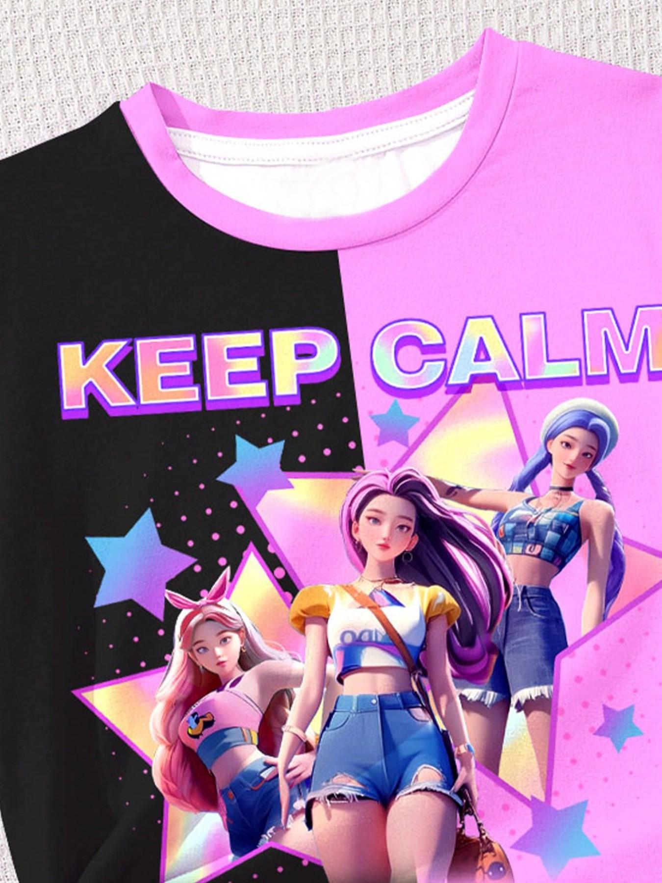 Spring Summer Fashion Kpop Anime Girl Patchwork Print Set, Girls Short Sleeve T-Shirt and Shorts 2 Piece Set, Soft Comfortable Fabric