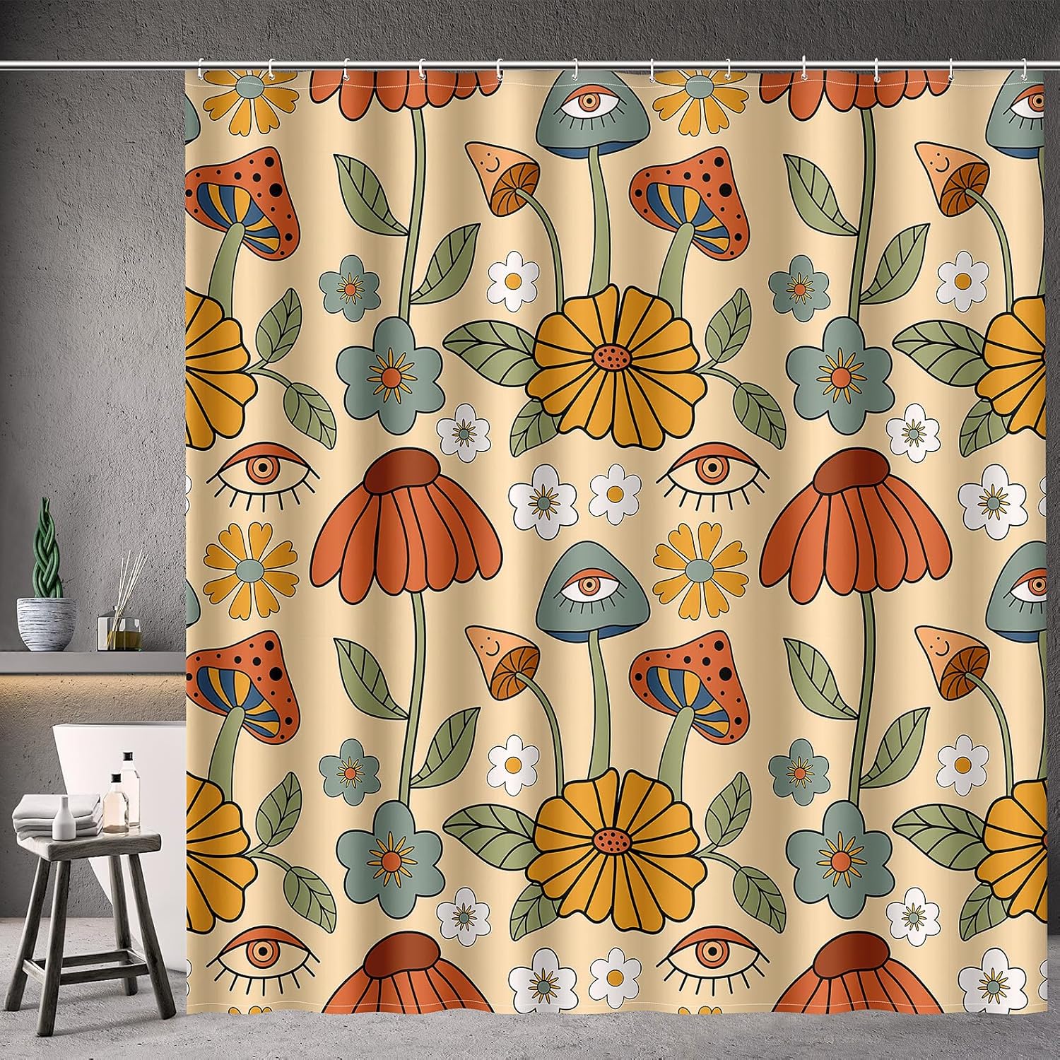 Vintage Dark Cottagecore Mushroom Shower Curtain - Retro Botanical Wildflower Print, Waterproof Fabric Curtain with 12 Hooks | Whimsical Gothic Bathroom Decor #showercurtain #mushroom #cottagecore #vintage #botanical #waterproofcurtain  #gothicdecor
