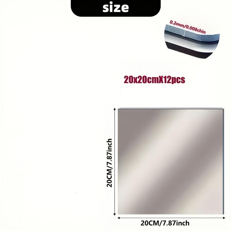 12-Pack 20×20cm Acrylic Mirror Tiles, thick frameless self-adhesive design. Easy to install vertically or horizontally, lightweight and durable. Perfect for living room, bathroom, shower, dressing room and bedroom, modern stylish wall decor.