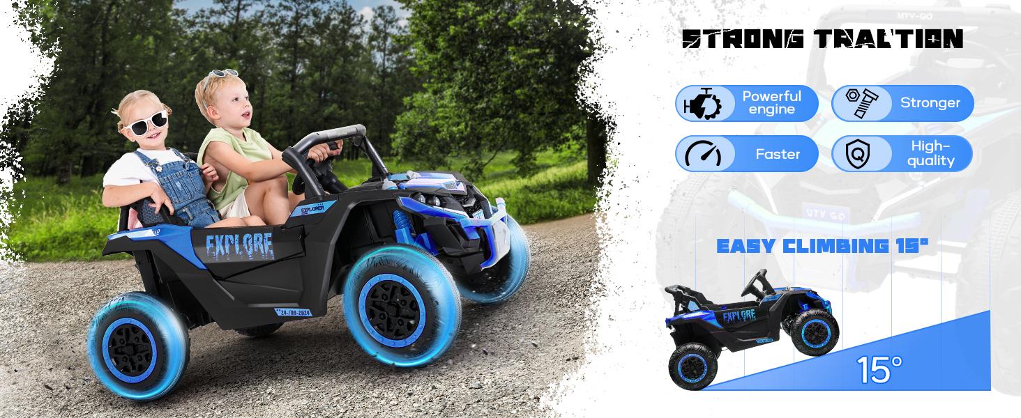EM-KC03）2 Seater Kids Ride on Car, Electric 4WD Off-Road UTV Truck, 7Ah Large Battery Kids Electric Car with Remote Control, Safety Belt, Horn, Music, and Lights for Kids Aged 3-8 Years Blue