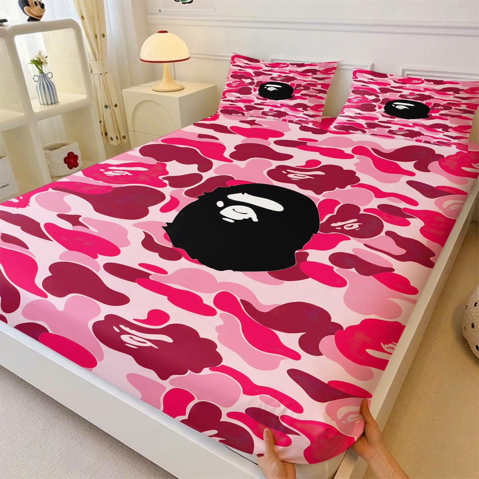 Black-White Camouflage Fitted Sheet Set & 2 Pillowcases No Core, Low-Saturation Camo & Iconic Ape Head Logo, Soft Anti-Slip Wrinkle Resistant, Industrial Hip Hop Style Bedroom Decor, Gift for Fans