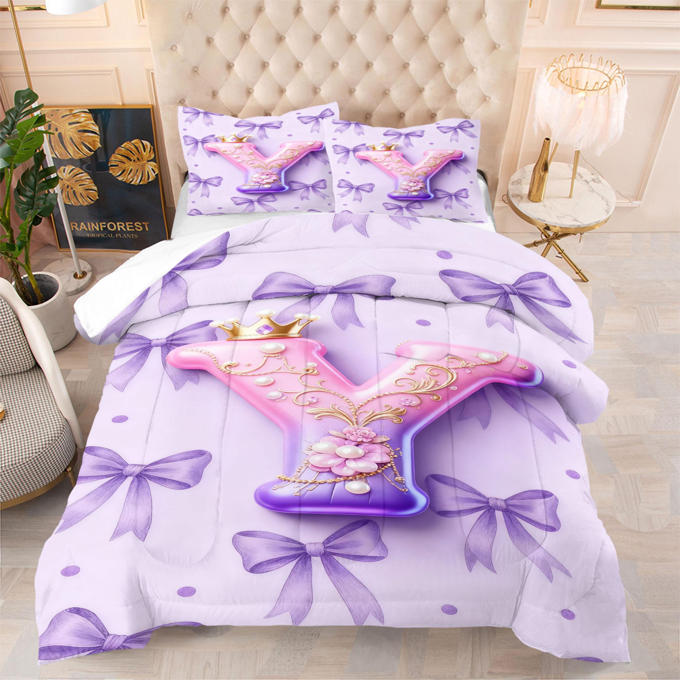 Bow Pattern Comforter Set, 3D Crown Letter Print Comfy Bedding Set, Fashion Princess Style Design, Soft and Comfortable Microfiber Material, Perfect for Girls Teenage Room Decor Home Decorating Kit, No Filler Included