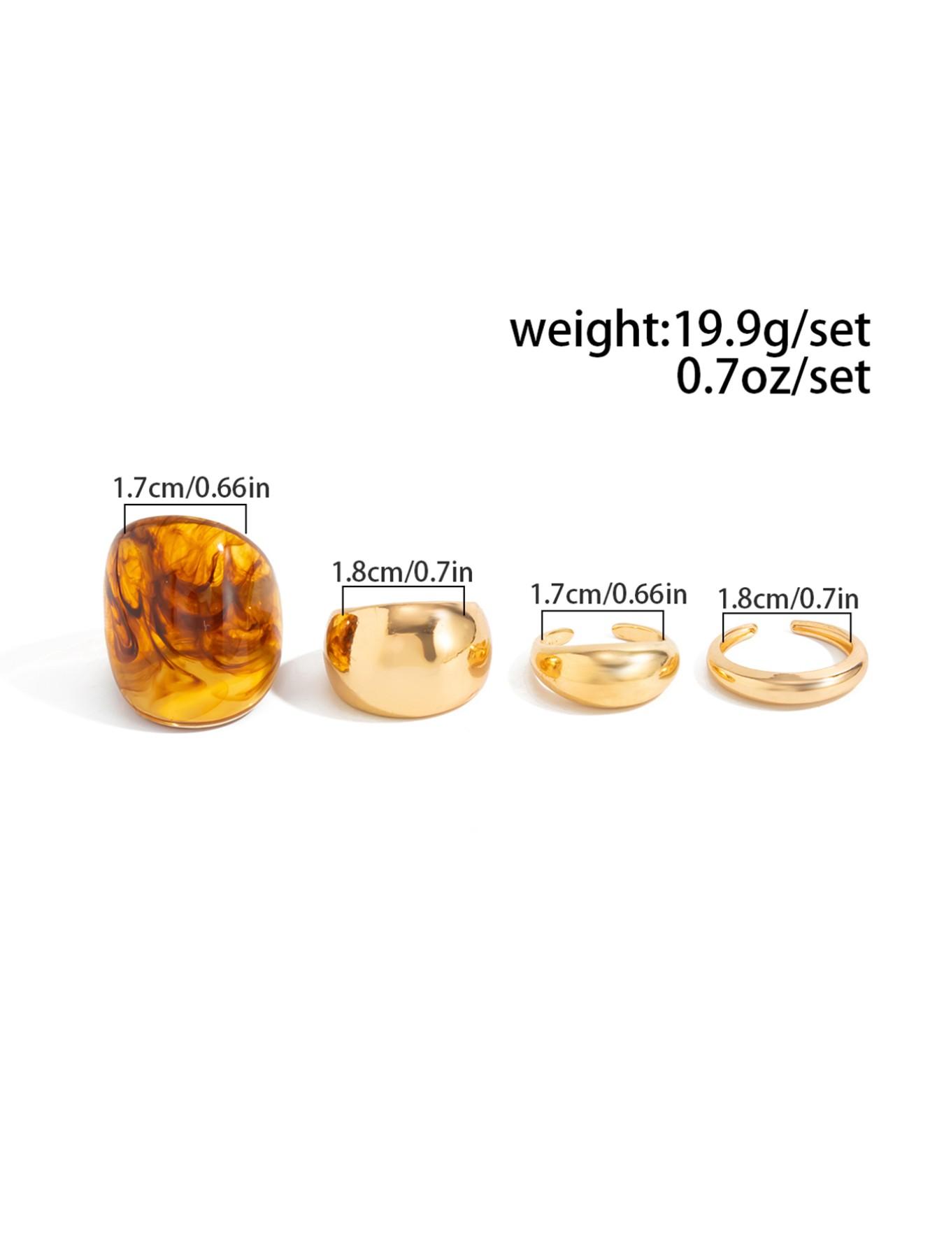 4-Piece Vintage Geometric Amber Ring Set, Women's Bold Rings, Party & Daily Wear, Gift Jewelry Set, Resin Texture Random