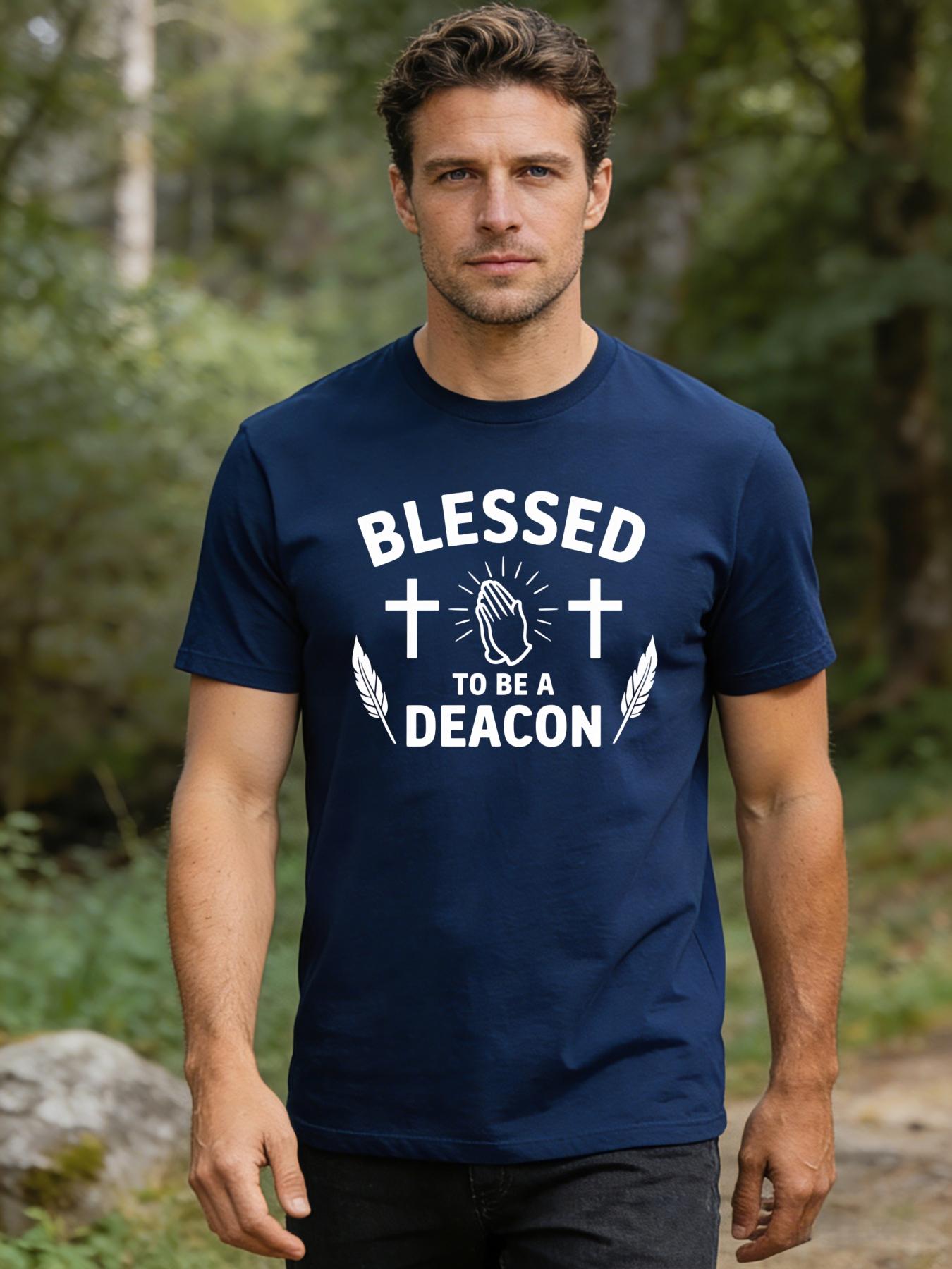 Men's T-shirt with printed cross and feather patterns for prayer, featuring the text "BLESSED TO BE A DEACON", designed for daily wear in church and religious activities