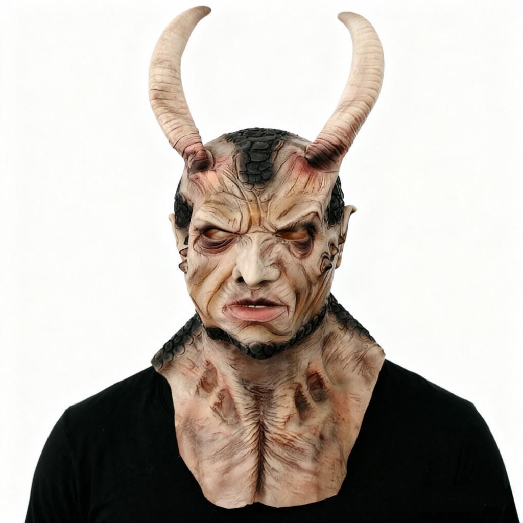 Premium Latex Texture Devil Full Headpiece, Hand-Painted Scales, Halloween Costume Accessory, High-Quality Horror Look