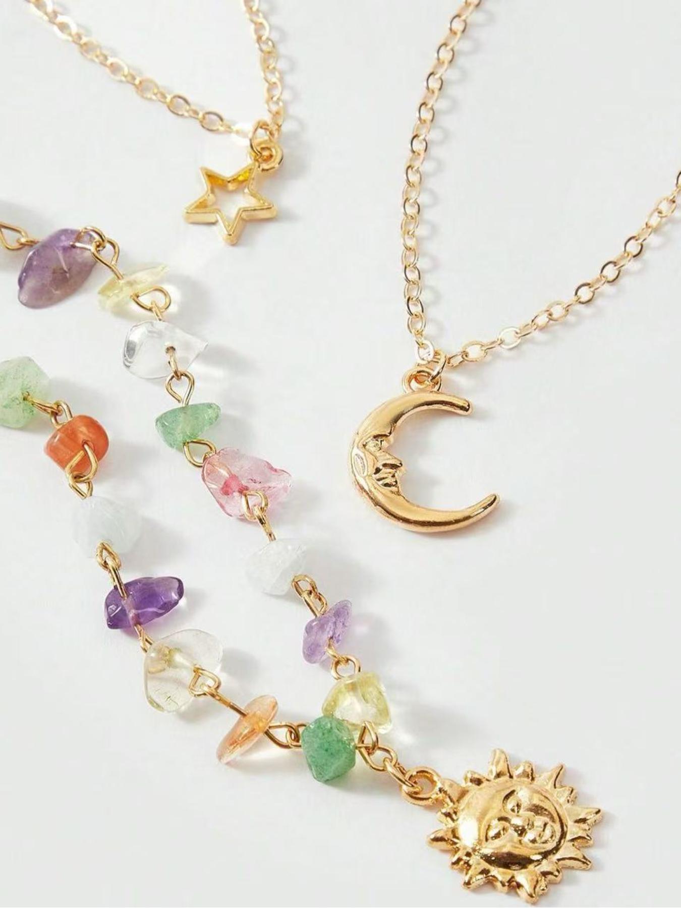 Boho 3 Layered Sun Moon Star Necklace for Women, 7 Chakra Healing Crystal Beaded Pendant Necklace, Bohemian Gold Layered Necklace, Summer Beach Jewelry Gift for Her