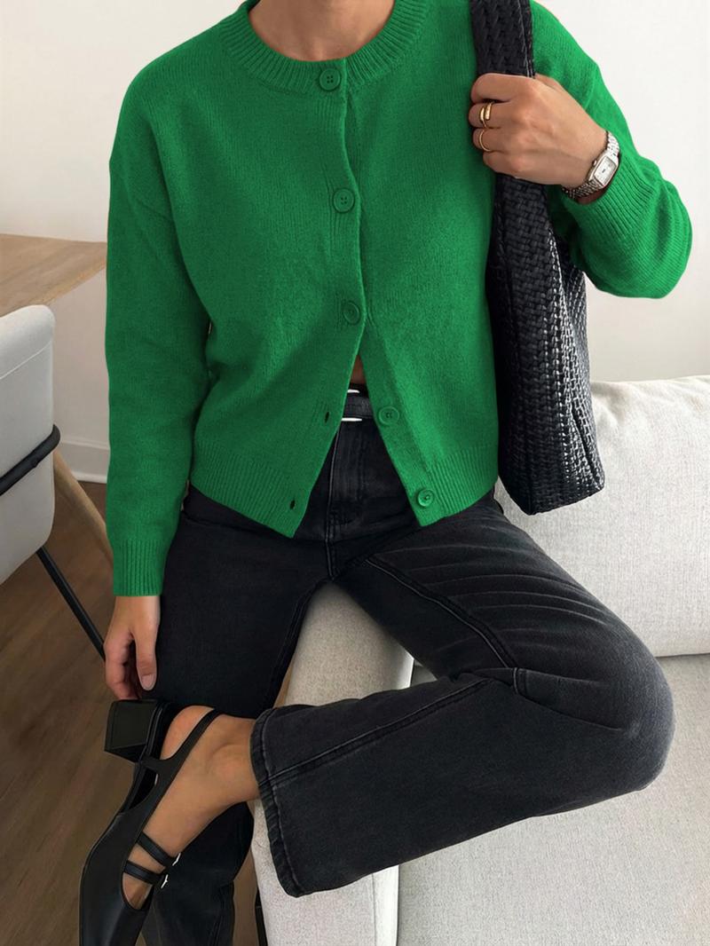 Autumn Winter Women's Casual Knit Cardigan, Elegant Vintage Round Neck Sweater, Simple Lazy Style, Long Sleeve Pullover