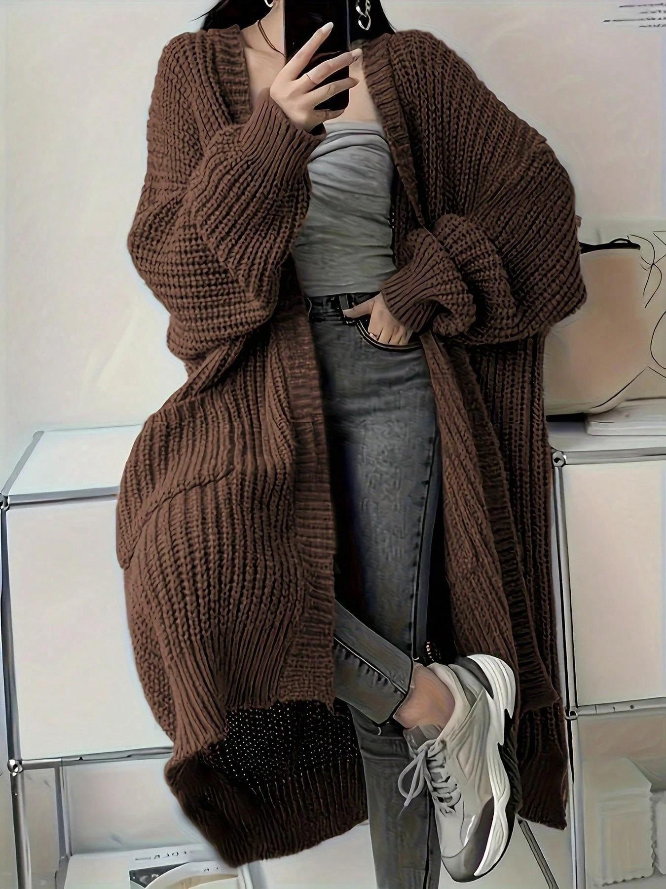 Women's Fashionable Elegant Casual Commuter Knit Long Cardigan, Long Sleeves, Stylish Versatile Outerwear for Fall and Winter, Comfortable and Warm Sweater Coat