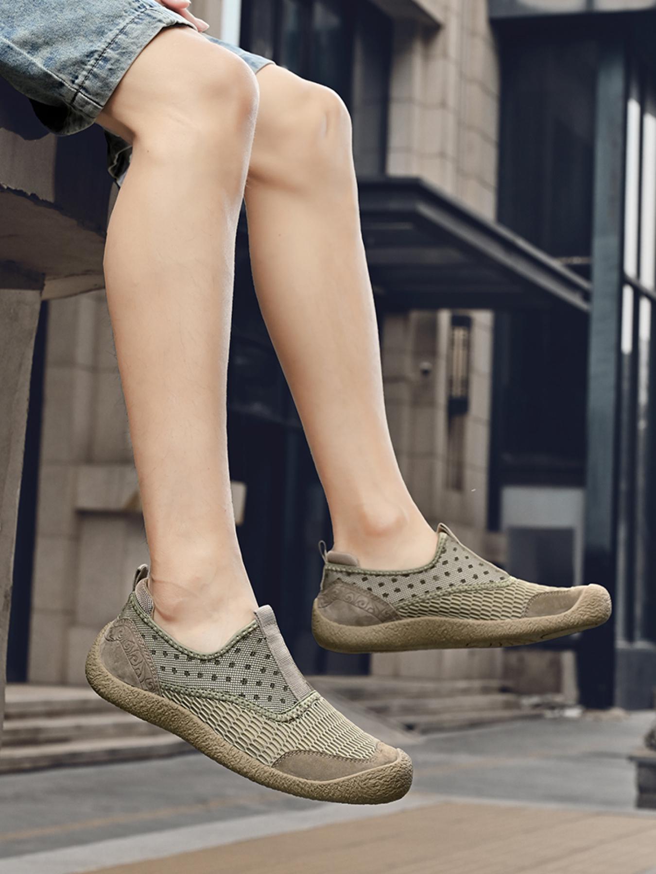 Men's Solid Color Mesh Breathable Slip-On Loafers, Soft Sole Anti-Slip Hand-Stitched Walking Shoes, Lightweight Casual Dad Shoes