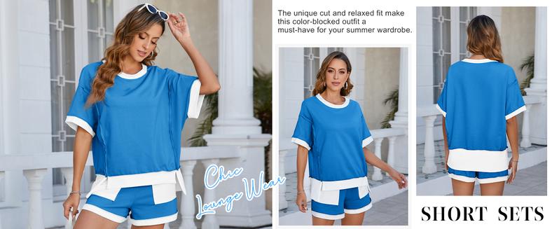 FISOEW Women's Summer Two-Piece Sportswear Set, Loose Sweatshirt and Shorts, Casual Color-Blocking Breathable Loungewear Set, New Autumn Collection, Valentine's Day Gift Recommendation