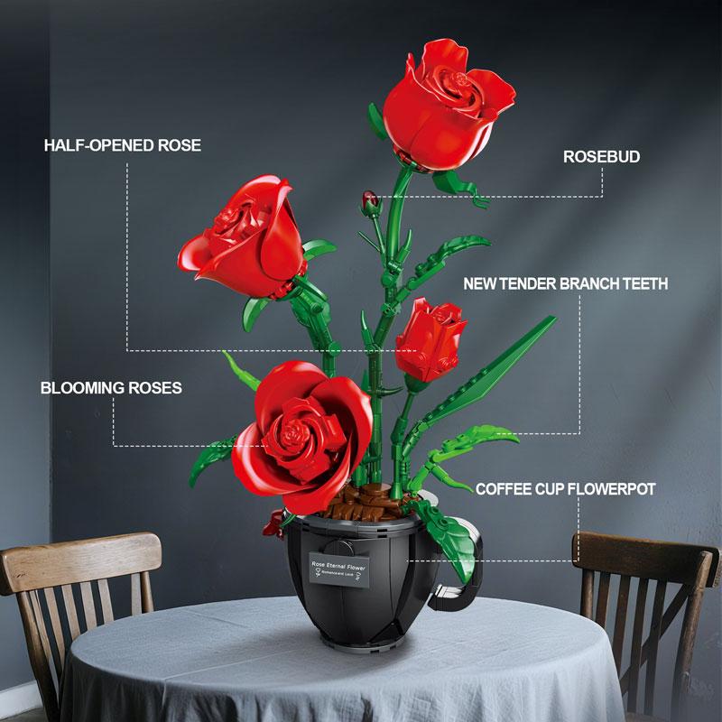 450-piece Coffee Cup Rose Building Block Set, Flower Bricks, Exquisite Rose Flower Pot, Creative Coffee Cup Design, Durable and Innovative Ideal Gift for Christmas, Halloween, and Valentine's Day, Perfect for Home Decor and Floral Arrangements
