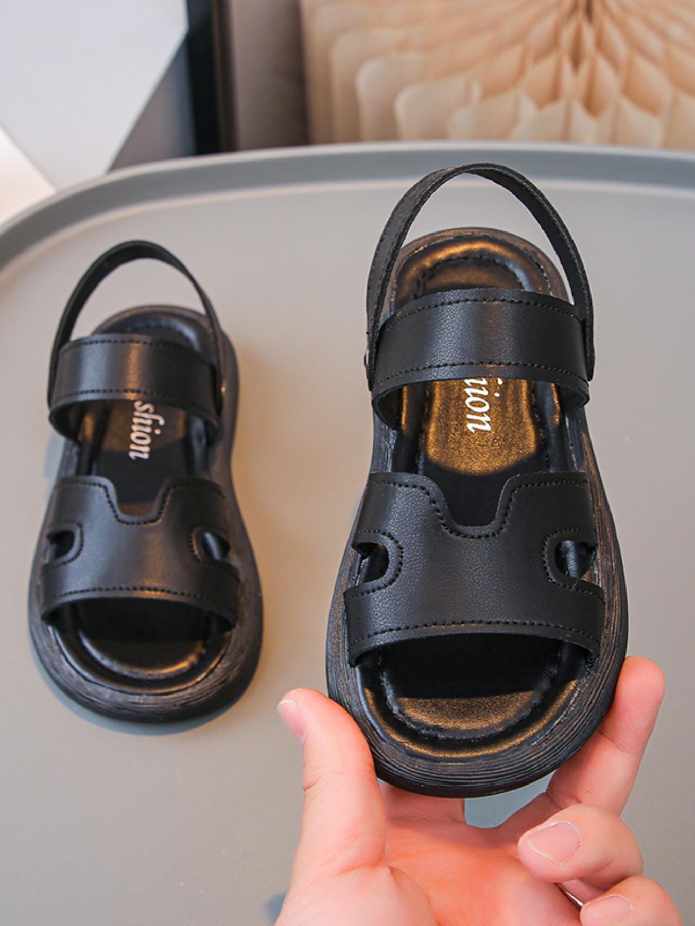 Sandals 6-12 Years, Unisex, Plain Design, Hook-And-Loop Soft Sole, Lightweight, Non-Slip, Open-Toe, Flat, Summer Wear