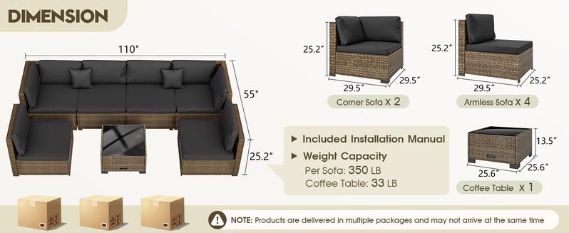 7 Piece Patio Furniture Set, Outdoor Furniture Patio Sectional Sofa, All Weather PE Rattan Outdoor Sectional with Cushion and Coffee Table. Swivel Chair Lounge