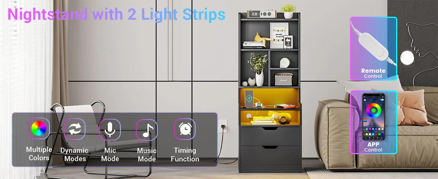 Sikaic LED Nightstand With Bookshelf Charging Station Furniture Drawer Bedroom Table Home Organize Study Minimal Interior Power Outlets