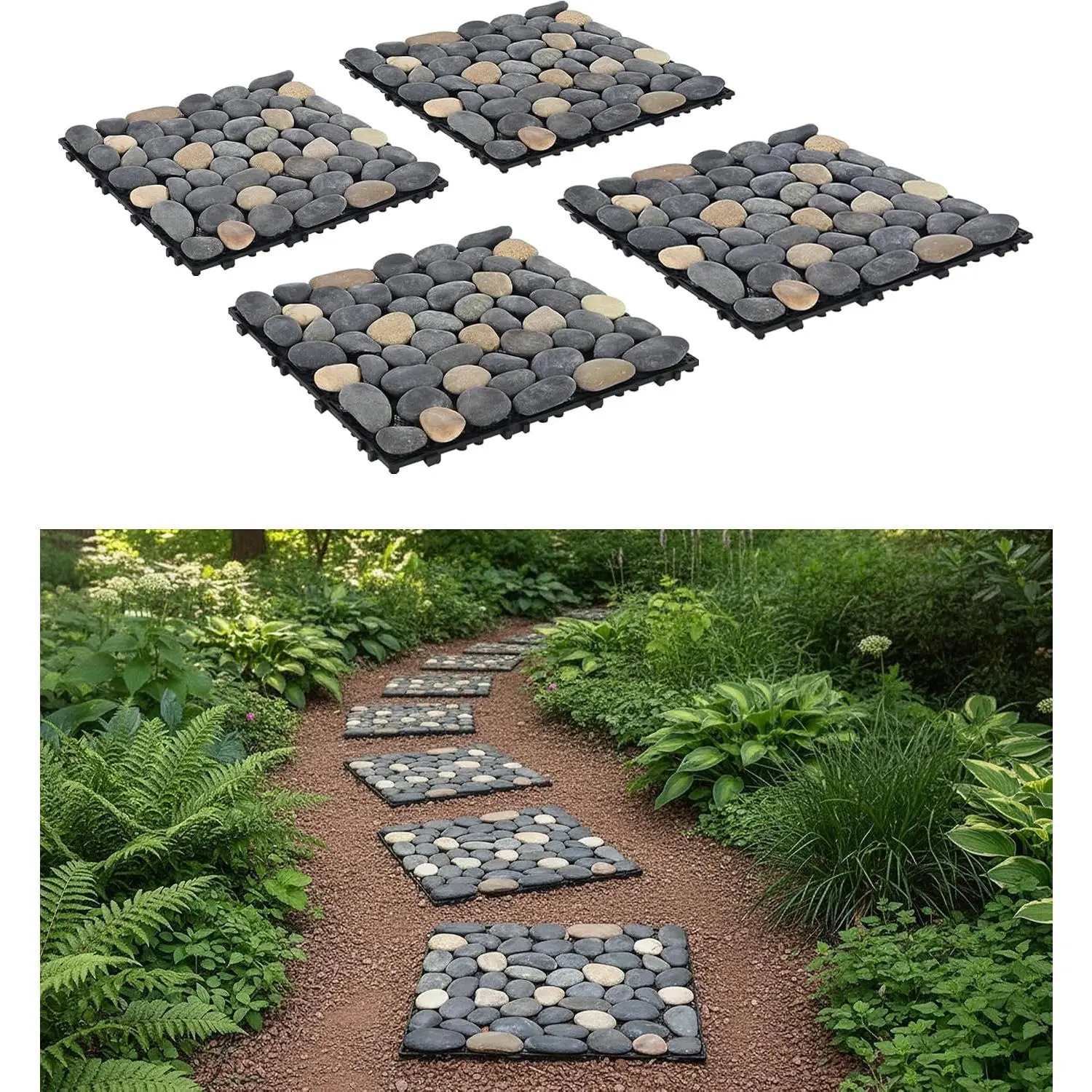 jxgzyy 4 Pcs Interlocking Stepping Stones Outdoor for Garden, 11.8" Square Pavers for Landscaping, Outside Pebble River Stone Mat for Yard Lawn Patio Pathway Walkway