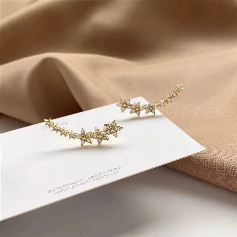 Korean Shiny Zircon Star Flower Climbing Earrings for Women Exquisite Sliver Color Crystal Statement Earrings Jewelry Gifts