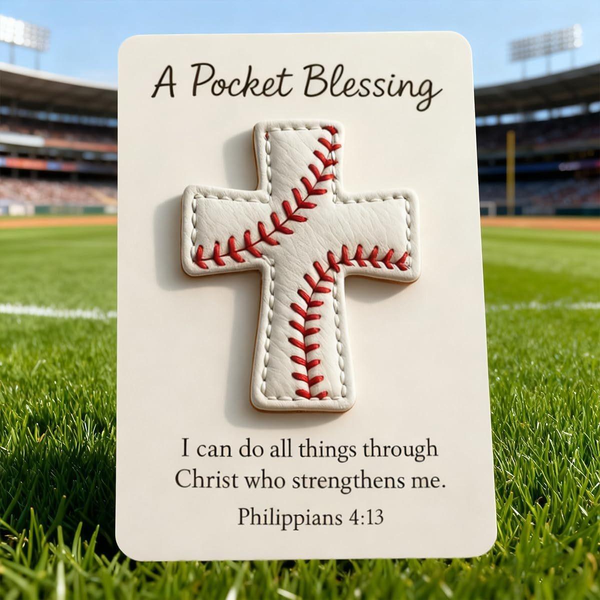 Pocket Blessing Baseball Cross Leather Encouragement Card, Faith Gift for Athletes, Inspirational Sports Souvenir