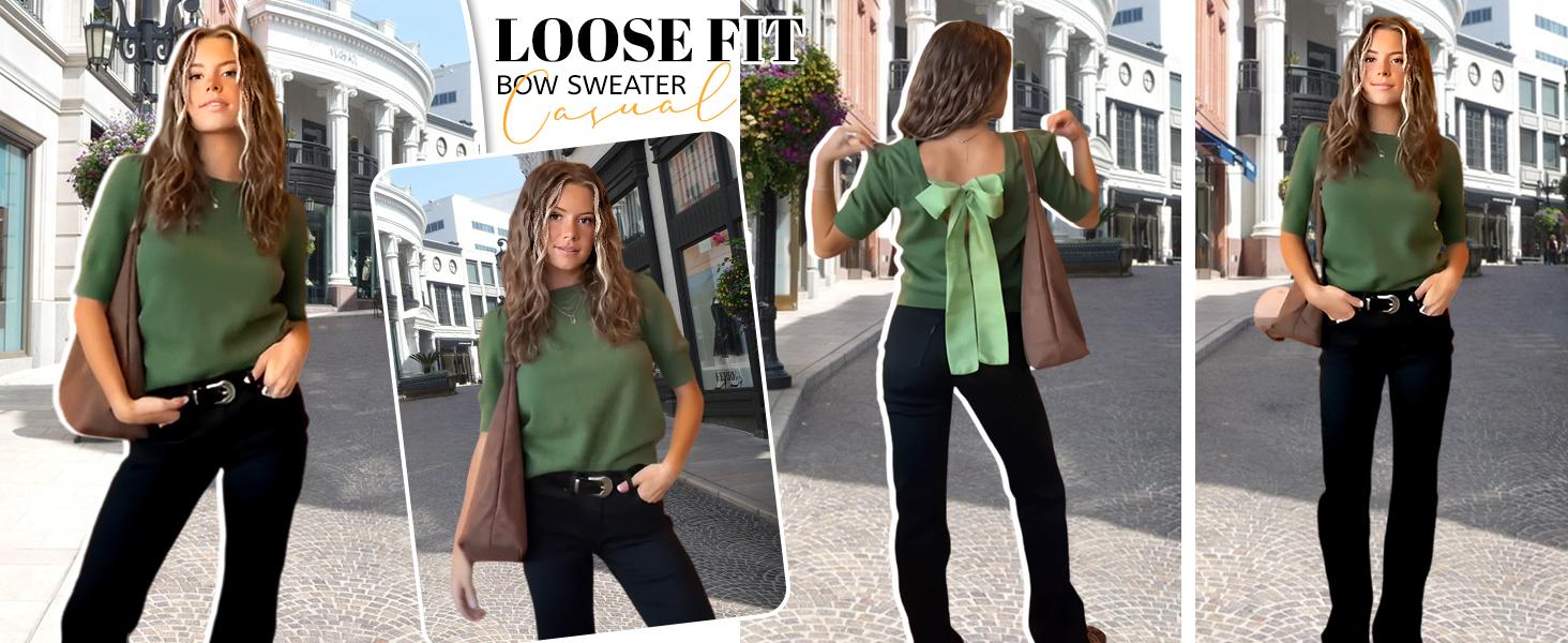 Ommig Womens Casual Sweater Vest Puff Short Sleeve Crew Neck Bow Tie Back Knit Shirt