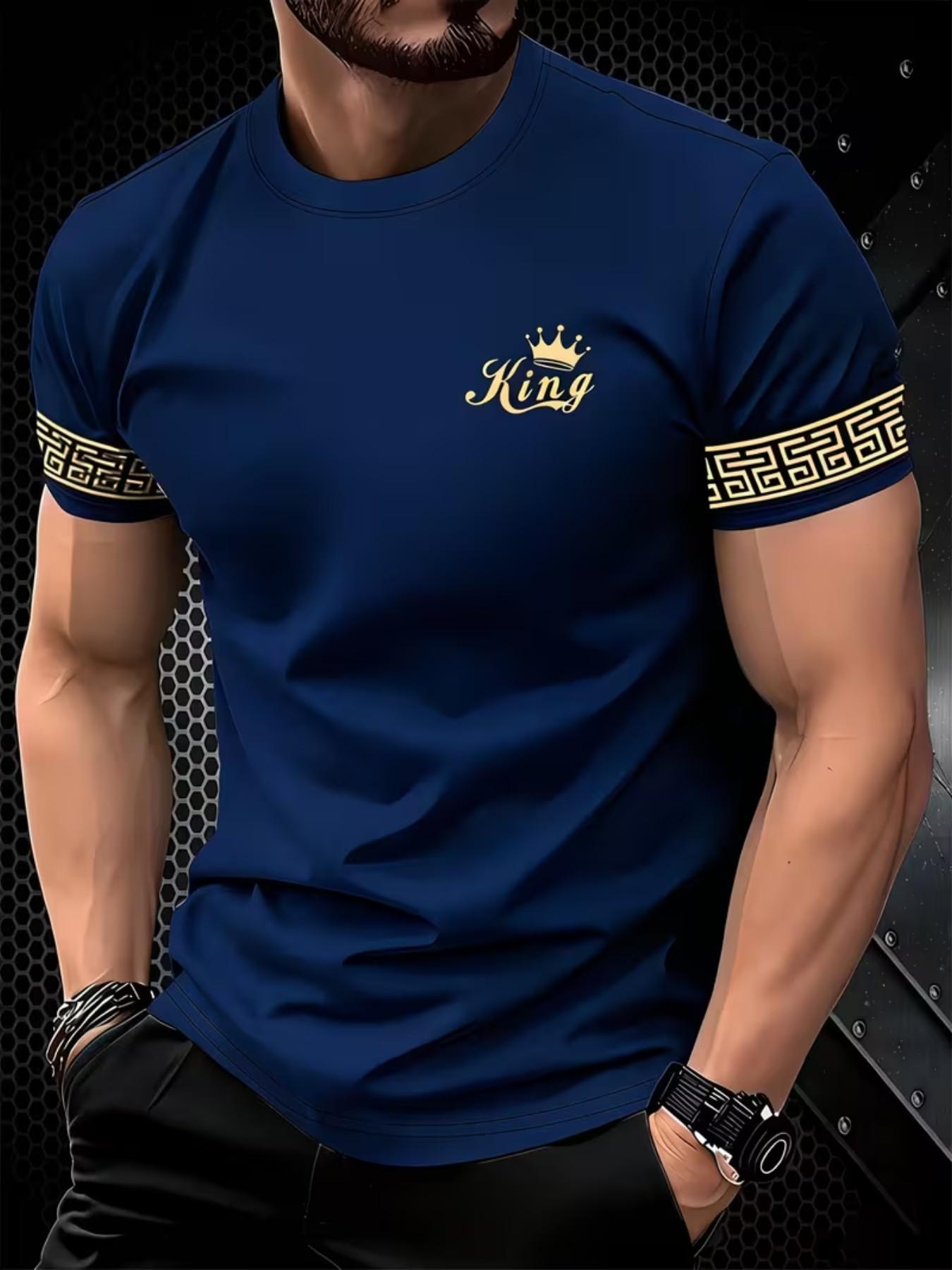 Men's Gold Casual T-Shirt, King Crown & Arm Pattern, Luxury Style, Comfortable for Home/leisure, Slim-Fitting, All over Print
