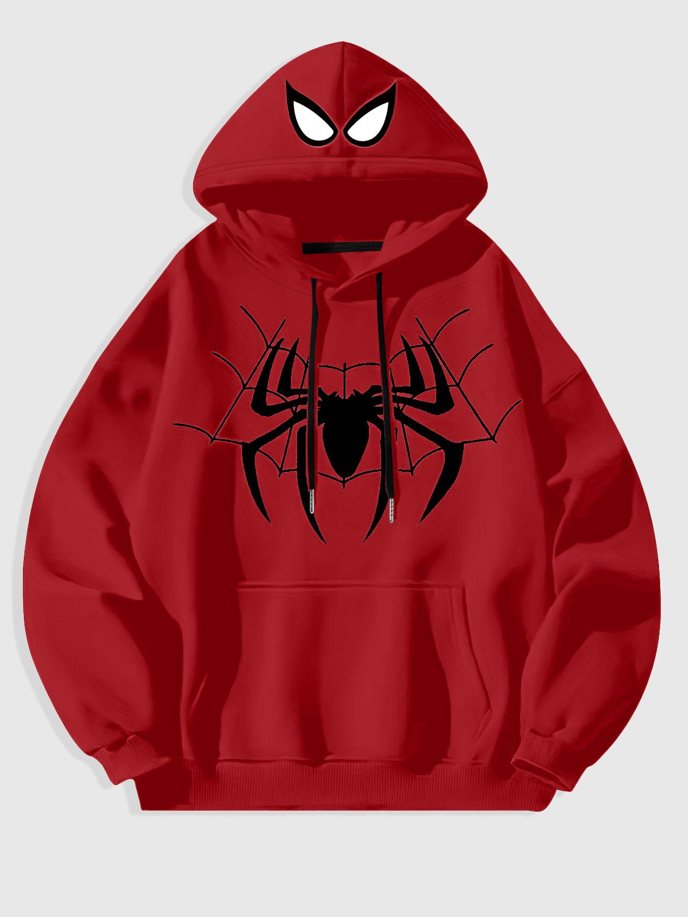 Men's Black Spider-Man Graphic Hoodie with 3D Red Spider Logo and Web Design, Soft Fleece Pullover for Superhero Fans and Casual Streetwear