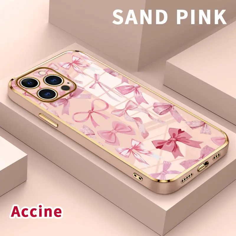 Luxury Electroplated Phone Case for iPhone 18 Pro Max 17 Air 16 15 14 Plus 13 12 11 Pink Bow Symphony Pattern Soft TPU Silicone Ultra Slim Cellphone Cover Protective Shockproof Casing Protection Smartphone, Accessories