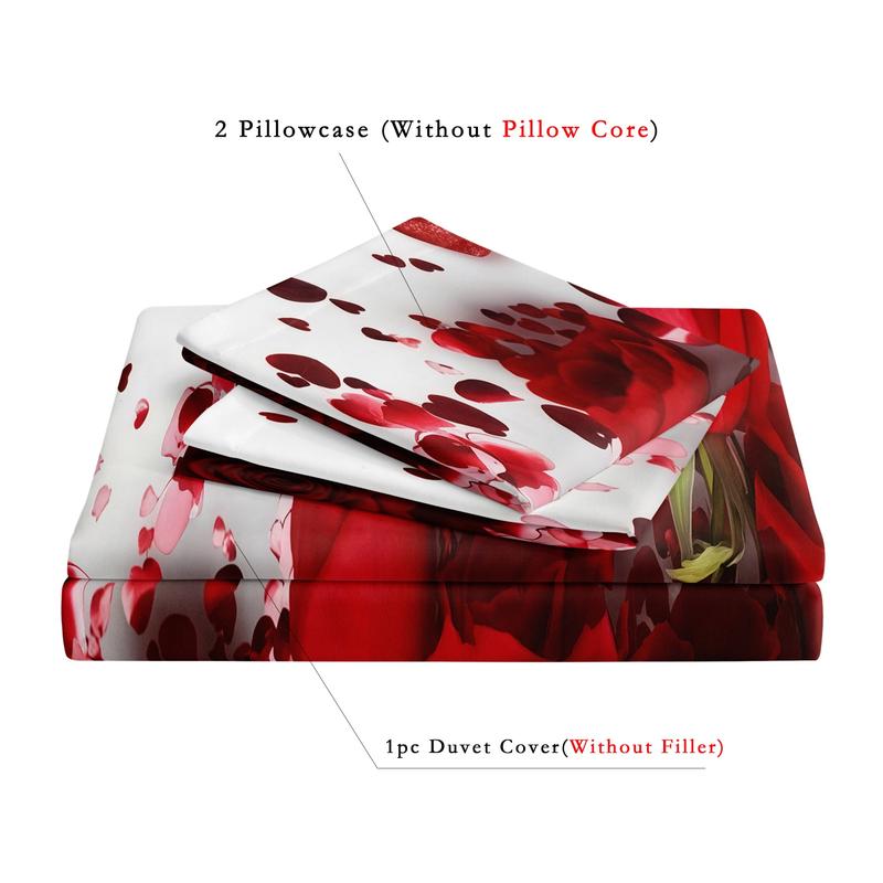 3 Counts/set Valentine's Day Love Letter Rose Pattern Duvet Cover Set including 1 Duvet Cover + 2 Pillowcases, Soft and Comfortable Decorative Bedding for Bedroom or Guest Room, Without Comforter