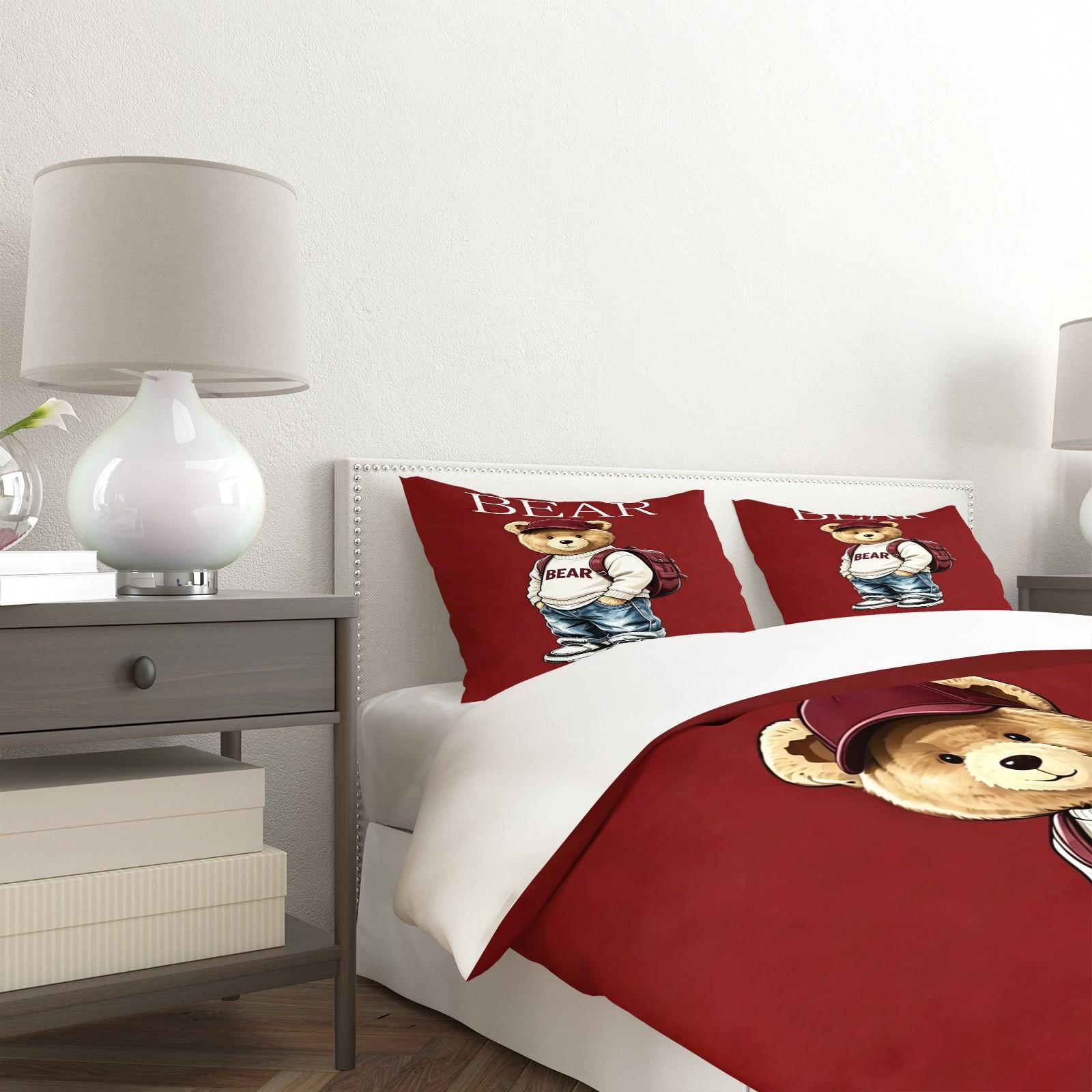 Handsome teddy bear printed pattern duvet cover set, including 1 duvet cover and 1 or 2 pillowcases, without a core or pillow, suitable for bedroom or dormitory bedding set, suitable for gift giving or personal use, Bedroom Decor