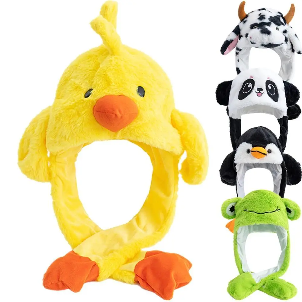 New Unisex Ear Hat Funny Little Yellow Chicken Couple Cute Ear Moving Up Cap Men Women Girls Rabbits Plush Winter Lovely Hats