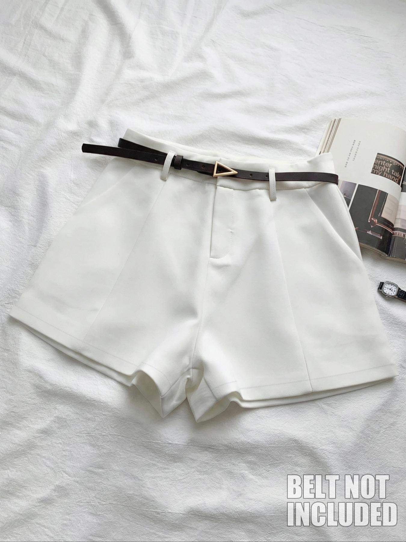 Women's Fashion High-Waisted Comfortable Shorts Set, Pure Color Casual Wear, Home & Outerwear, 3-Piece Suit (no Belt Included)