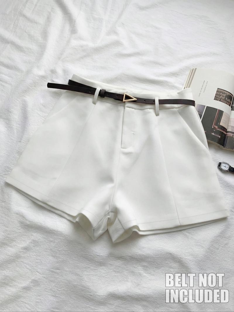 Women's Fashion High-Waisted Comfortable Shorts Set, Pure Color Casual Wear, Home & Outerwear, 3-Piece Suit (no Belt Included)