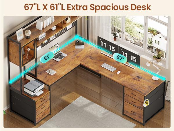 SEDETA L Shaped Gaming Desk with Drawers, Reversible Computer Corner Desk with File Drawer, Hutch, Storage Shelves for Home Office, Gaming Two Person Desk with Led Lights, Power Outlet