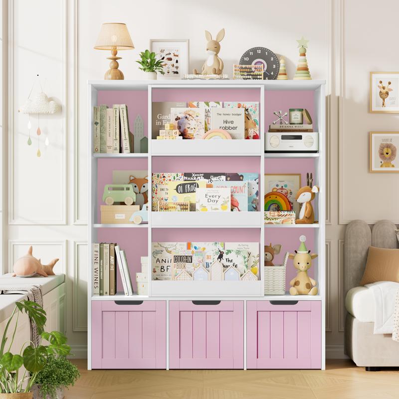 FOTOSOK Toy Storage Organizer with  8 Storage Cubbies and 2 Movable Drawers, Toy Organizer with Hidden Wheels and 3-Tier Kids Bookshelf, Multifunctional Floor Storage Chest for Playroom