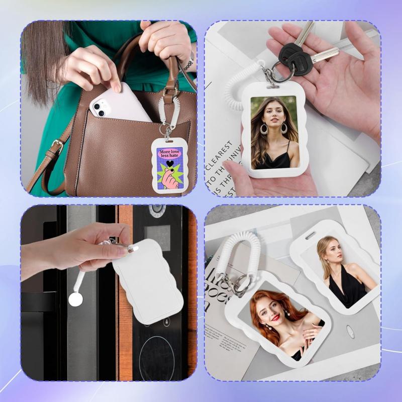Photo card holder, transparent photo card holder keychain, ID card holder, bus credit card bank card holder, student card photo protector, clear id badge holder (wavy white)