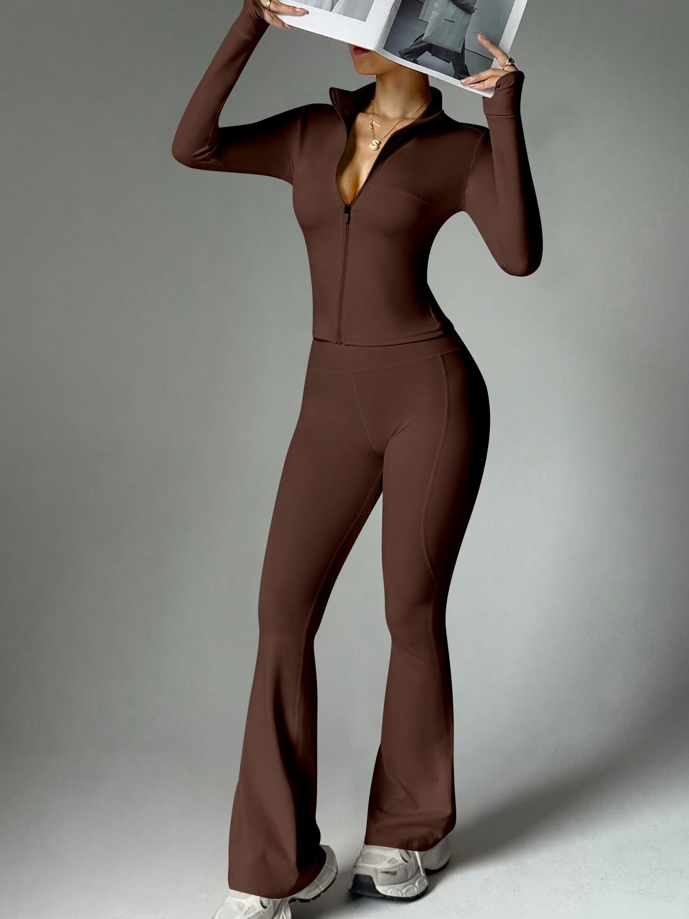 Women's 2-Piece Loungewear Set, Long Sleeve Zip-Up Jacket & Wide Leg Pants, Slim Fit, Fitted, Soft Comfortable for Daily Wear Home Sports Airport Travel, Casual Fashion Pajama Set