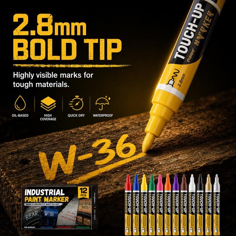 8/12 Colors Industrial Paint Markers, Thick Chisel Tip Permanent Paint Pens, Smooth Ink Flow Waterproof Markers for Metal, Steel, Concrete, Plastic, Wood, Construction Site, Warehouse and Workshop