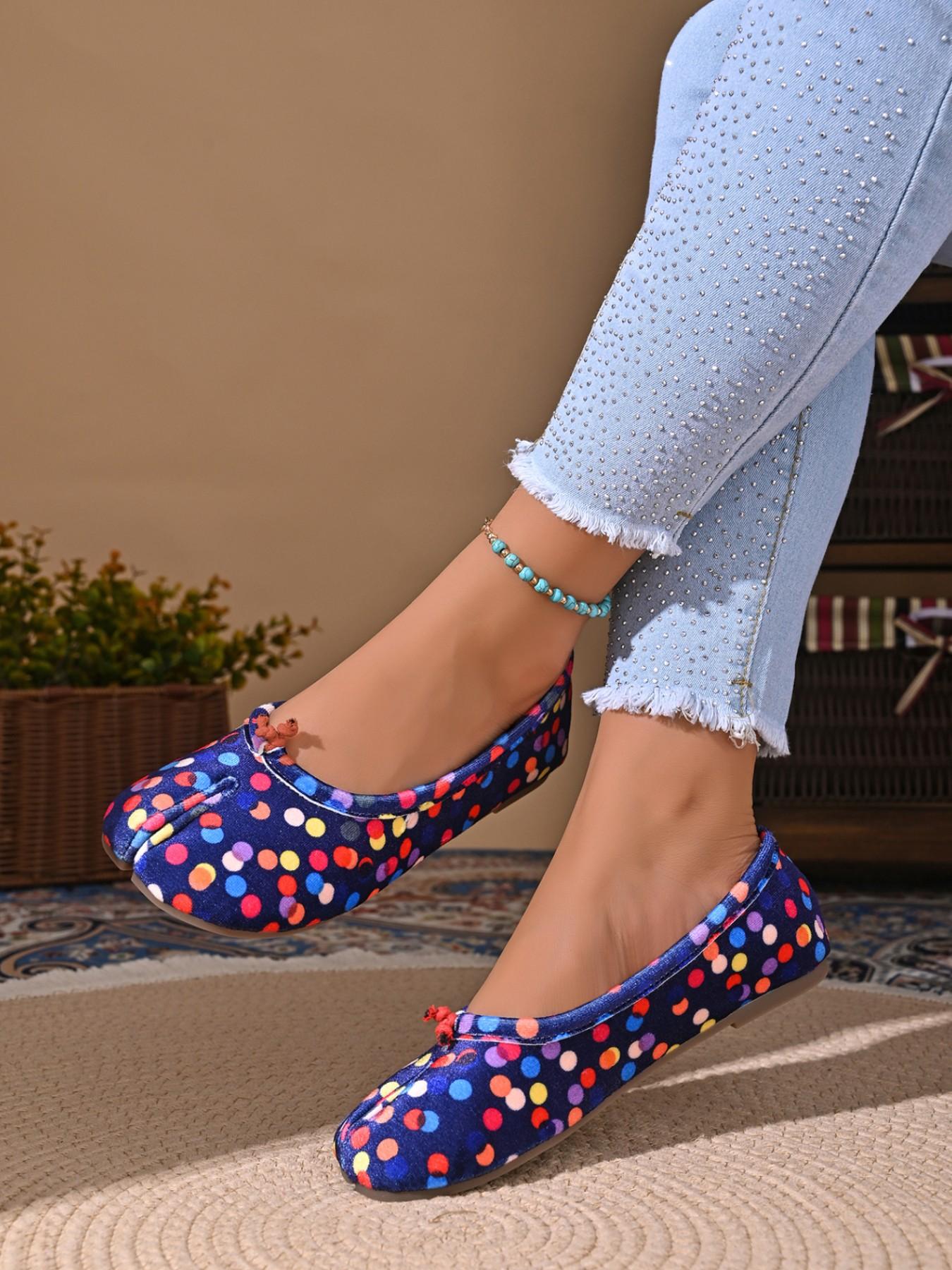 Women Colorful Polka Dot Split Toe Ballet Flats, Soft Fabric Slip On Casual Tabi Flat Shoes, Summer Flats