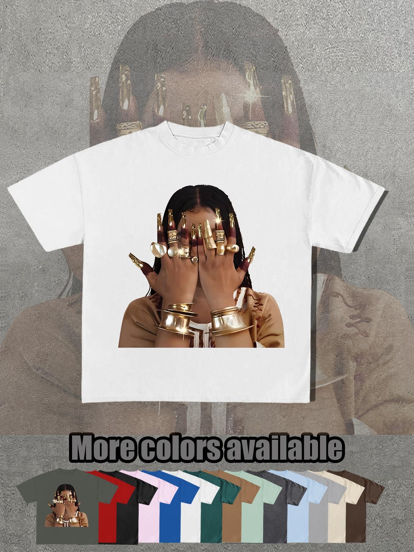 14 Color Options, Retro Egyptian Queen Gold Nail Print T-Shirt, Unisex Short Sleeve, Loose Fit, Street Style, Summer Fashion Essential