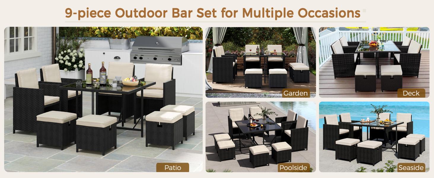 Yaheetech 9-Piece Patio Dining Sets, Outdoor Space Saving Rattan Chairs with Glass Table, Wicker Sectional Conversation Furniture Set with Removeable Cushions, Black/Beige Yaheetech 9-Piece Patio Dining Sets, Outdoor Space Saving Rattan Chairs with Glass Table, Wicker Sectional Conversation Furniture Set with Removeable Cushions, Black/Beige