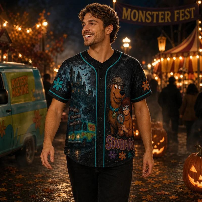 Men's Breathable Horror Slasher Baseball Jersey - Classic Horror Movie Character Prints Baseball Tops, Short Sleeves Male Wear for Halloween Fun, Mexico Washington Spooky Squad Uniform, Party Costume Gift