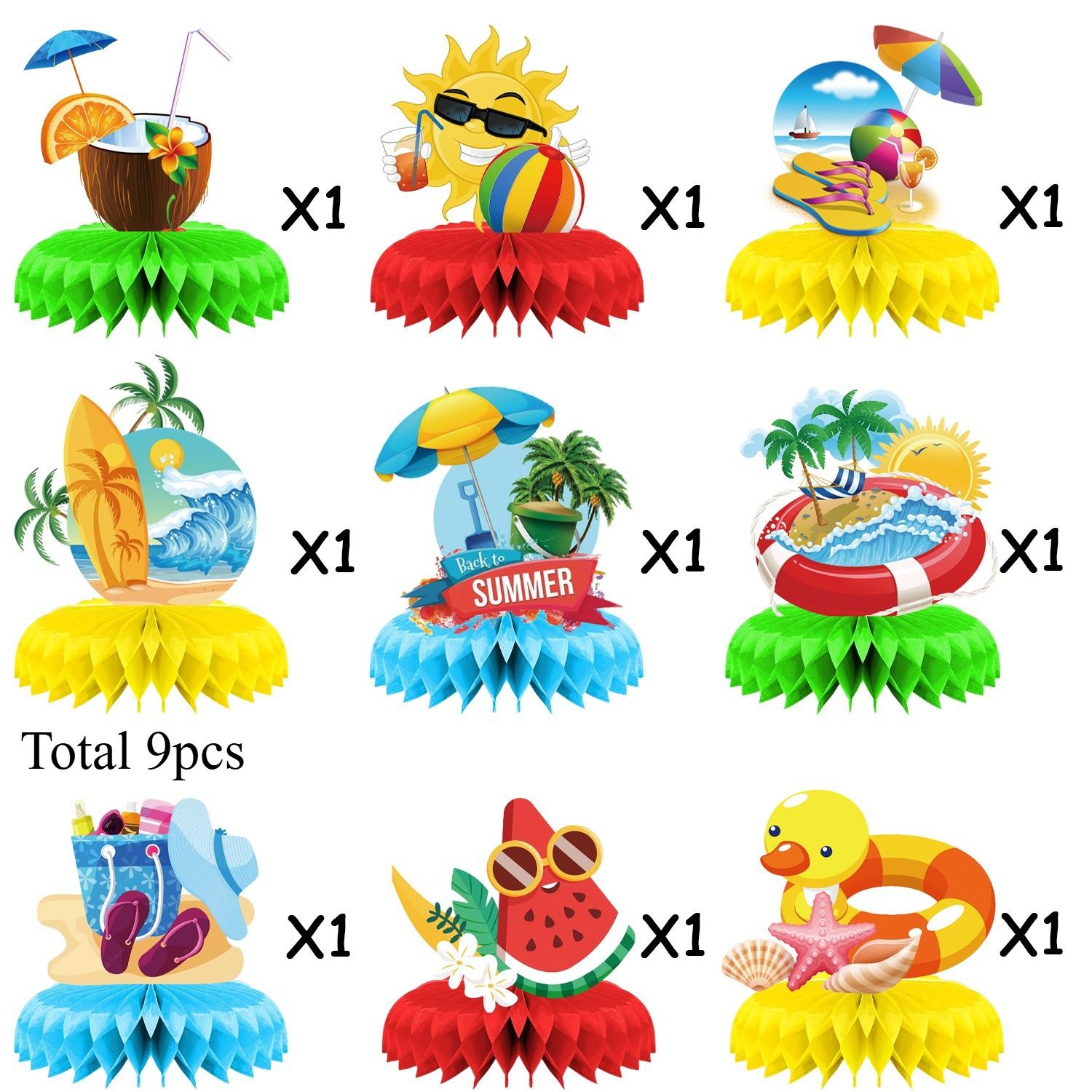 9Pcs Summer Beach Party Honeycomb Centerpieces, 3D Tropical Table Decorations for Pool Party, Luau Birthday Decor, Hawaiian Party Supplies, Summer Table Toppers for Party, Watermelon Sun Coconut Elements