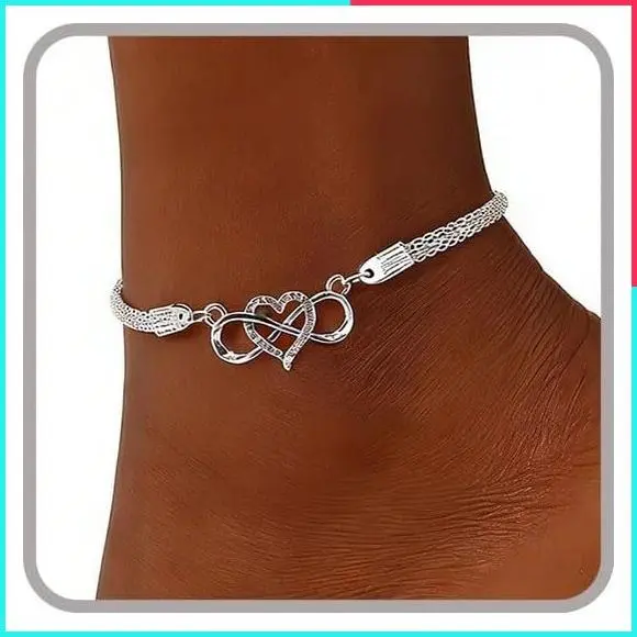 Silver Waterproof Ankle Bracelets for Women - Rhinestone Tennis Diamond Heart Anklets, Plus Size Summer Beach Foot Jewelry for Big Ankles